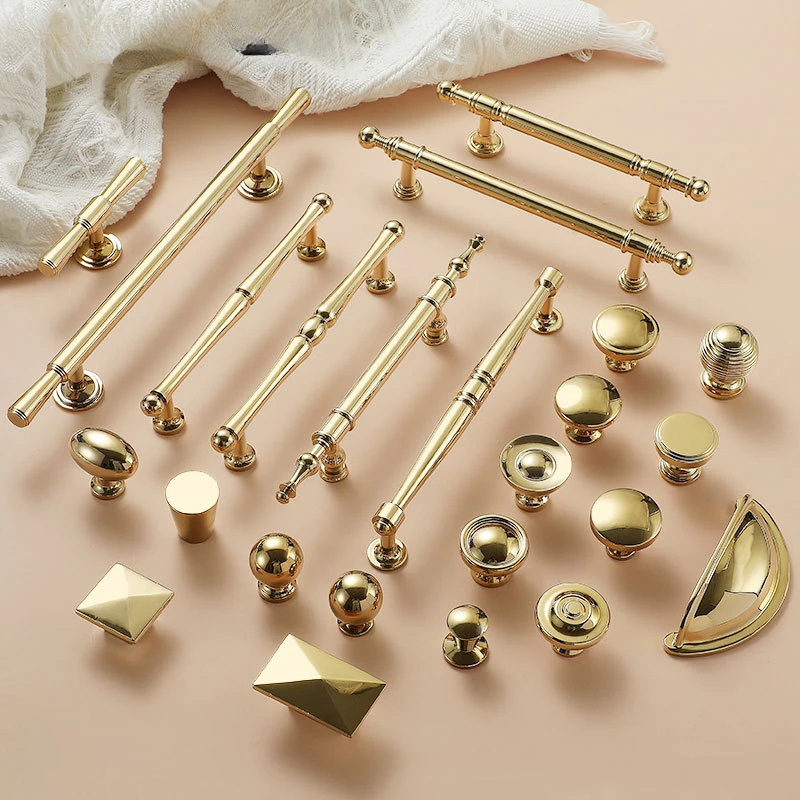 

European Solid Brass Handles for Cabinets and Drawers Bright Gold Luxury Handles for Furniture Dresser Shoe Cabinet Pulls