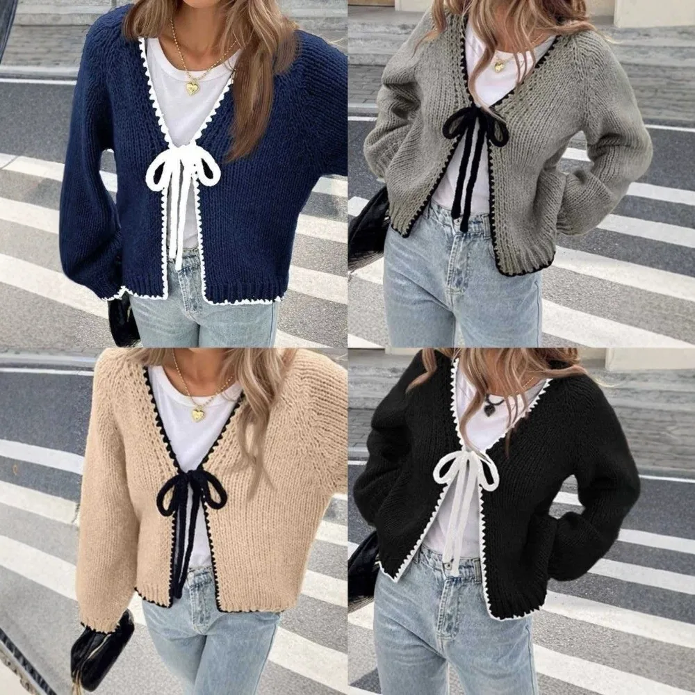Gemütlicher, locker geschnittener Strickcardigan mit langen Ärmeln, bequemer Cardigan-Pullover mit V-Ausschnitt und Bindung, Damen-Cardigan-Oberbekleidung – Detail 2