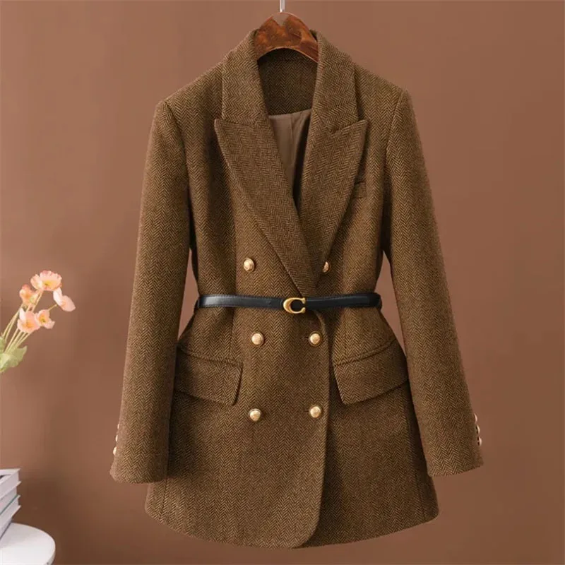 Autumn Women Fashion Double Row Blazer Jacket 2025 Femme Long Sleeves Suit Korean Lady High-end Medium Long Styles Woolen Top