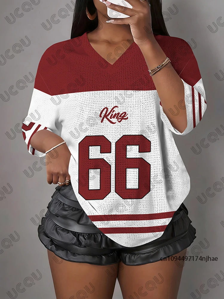 2026 Neues Letter King 66 Print T-Shirt für Damen – Sommerliches V-Ausschnitt Patchwork Kurzarm Sport-Fußballtrikot Y2K Oversized Oberteil – Detail 6