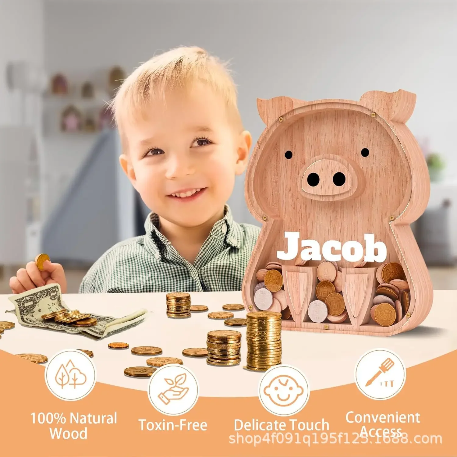 Solid Wood Savings Box for Children's Piglets, Multi-purpose Acrylic Transparent Coin Window Savings Jar