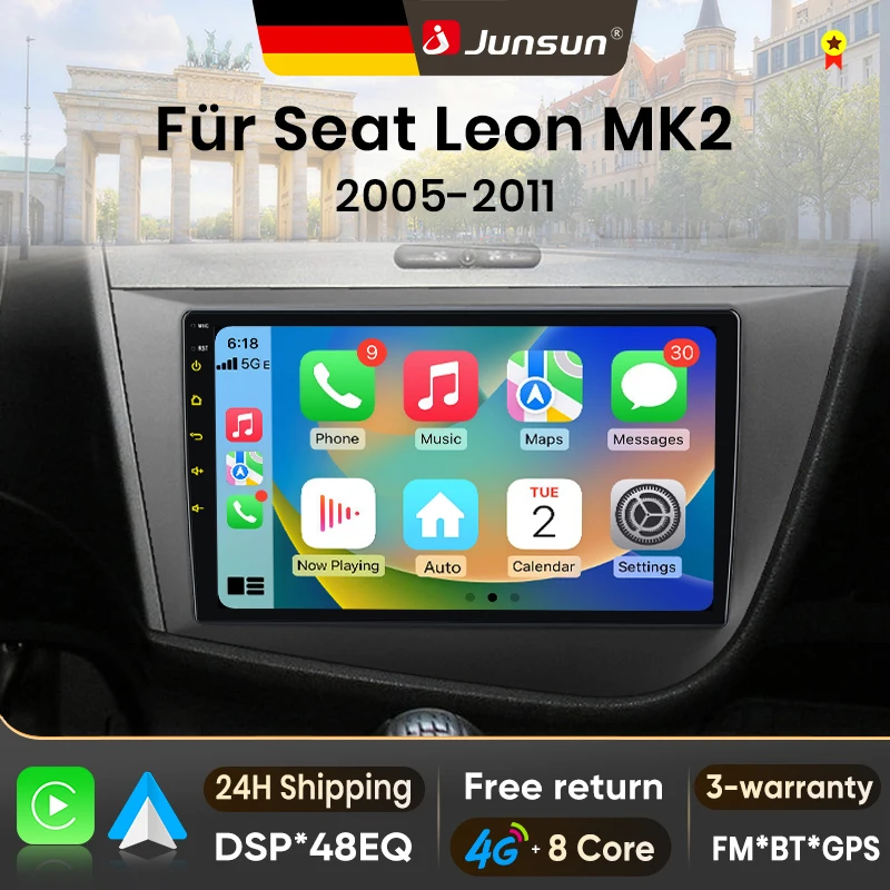 Autoradio Android 15 9 pouces Junsun pour Seat Leon MK2 2005-2012, sans fil, compatible Apple CarPlay, écran IPS, lecteur multimédia vidéo, système intelligent automobile, autoradio 2 Din, navigation GPS, Bluetooth 4G, WIFI, 8 cœurs, FM AM DSP RDS DAB+