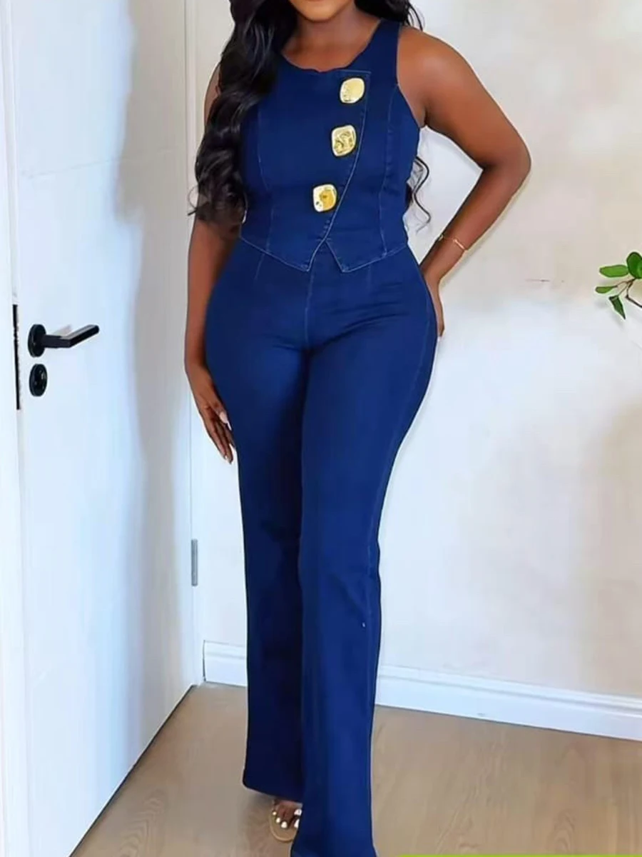 ZIMLsolid conjuntos de dos piezas para mujer, cuello redondo, sin mangas, túnica con botones empalmados, tops, pantalones largos de cintura alta, conjunto elegante a la moda femenina
