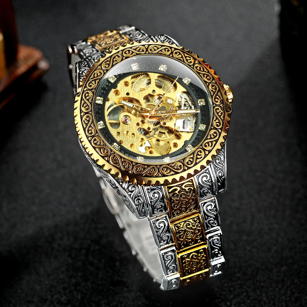 WINNER Royal Gold Skeleton Watch for Men Rotating Bezel Engraved Design Stainless Steel Band Luxury Automatic Mechanical Watches