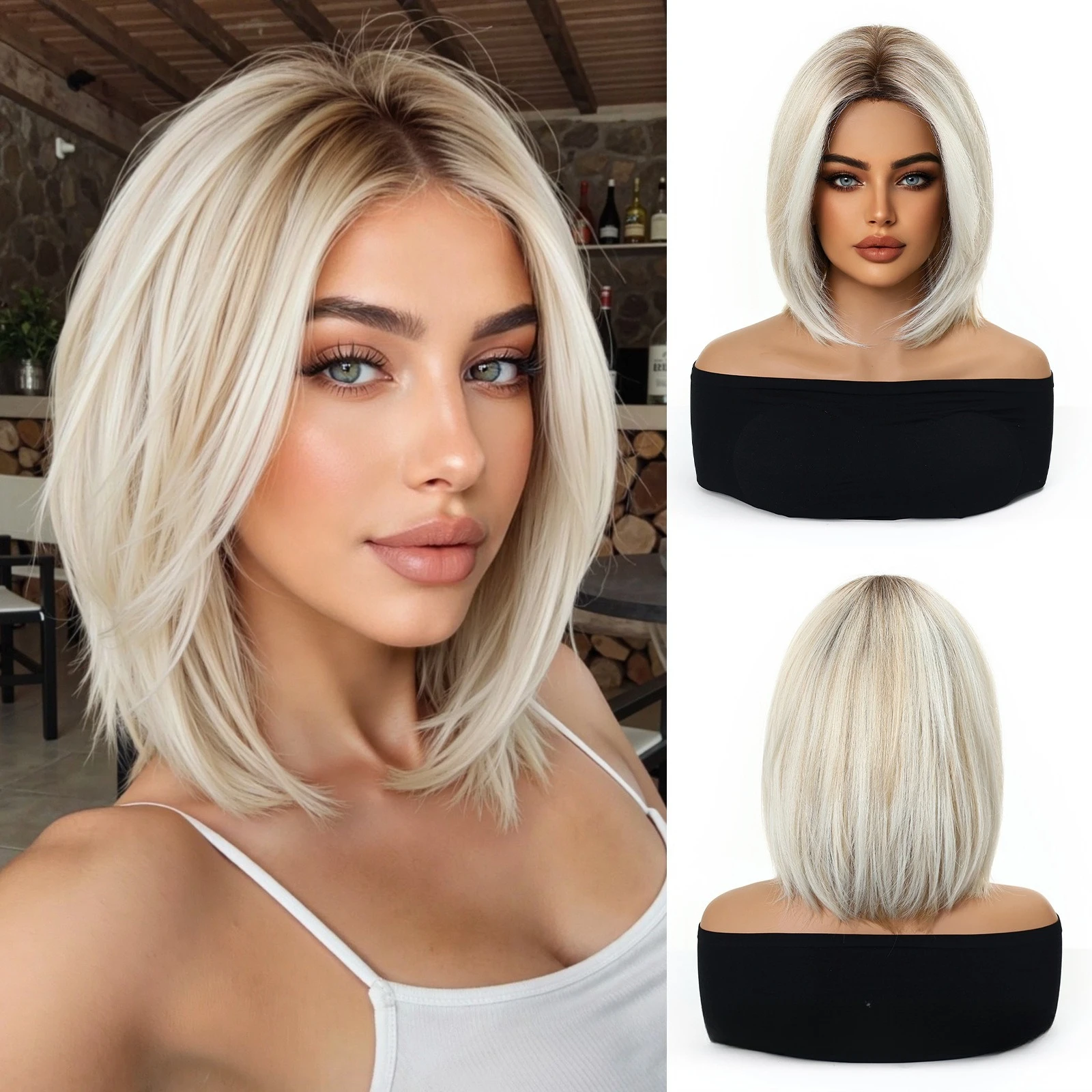Realistic Natural Full Bob Wig with Middle Part, Age Reducing Full Head Wig for Women