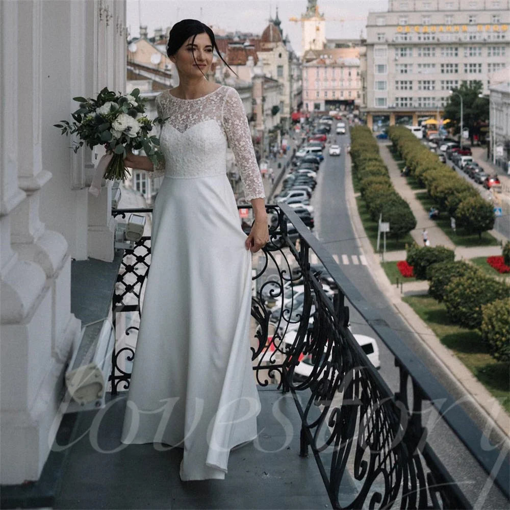 Vestido De novia De línea A Simple para mujer, mangas completas, espalda abierta, vestidos De novia plisados, apliques De encaje, Vestido De novia