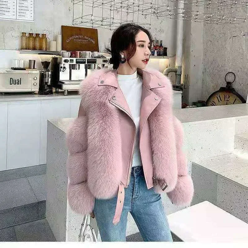 Fashionable warm short fox fur coat and sheepskin leather full fox fur motorcycle jacket luxury women\'s 2024 winter new