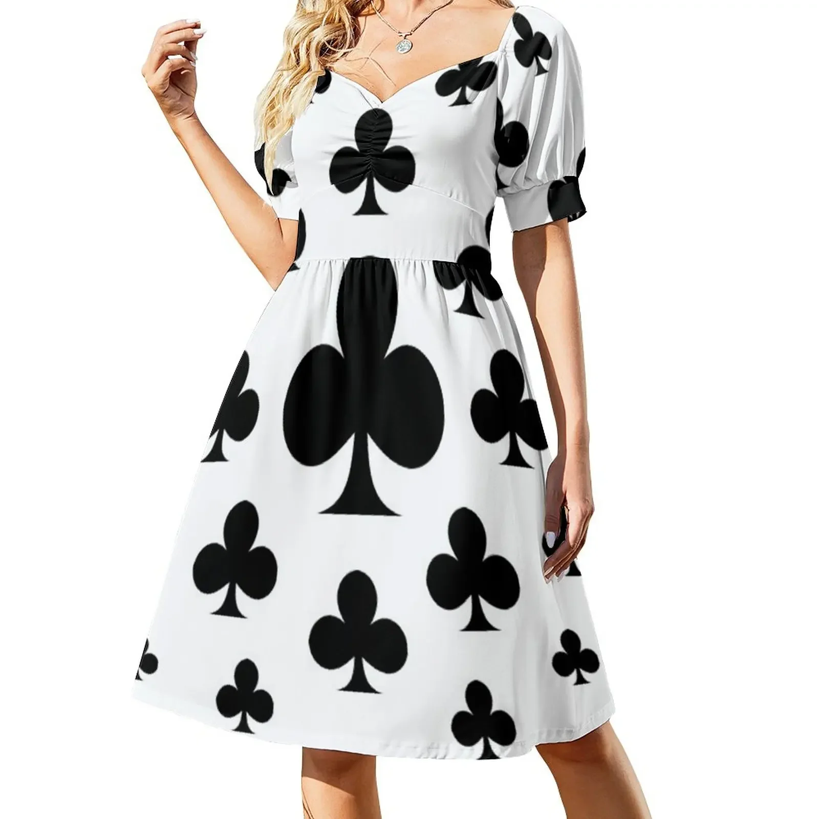 

LOTS OF DECORATIVE BLACK PLAYING CARD CLUBS Short-Sleeved Dress dress party night dress summer 2025 women