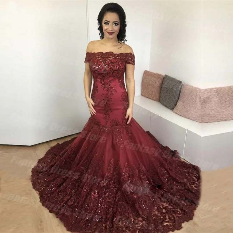 Elegant One Line Neck Short Sleeve Lace Mermaid Evening Dresses Ruffled Edge Applique Sequin Beaded Porm Dresses For Women