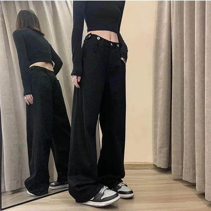 Black Jeans Women Female Cotton New Oversize Harajuku High Street Womens Vintage Straight Denim Mom Pants Baggy Trouser