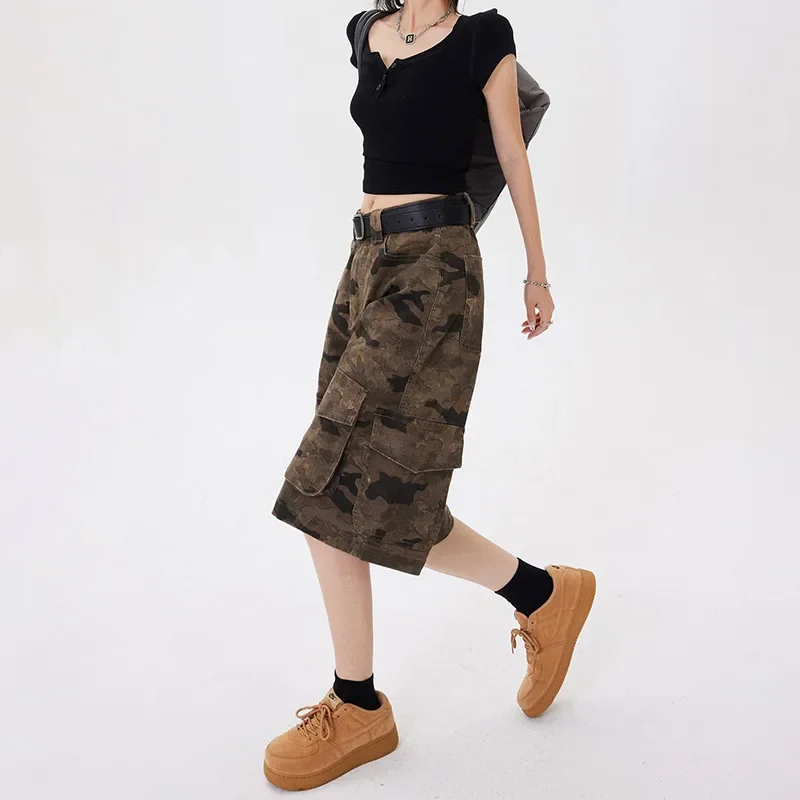 

Retro Retro High-waisted Camouflage Wide-leg Shorts.Women's Summer Fashionable and Versatile,Multi-pocket Mid-length Cargo Jeans