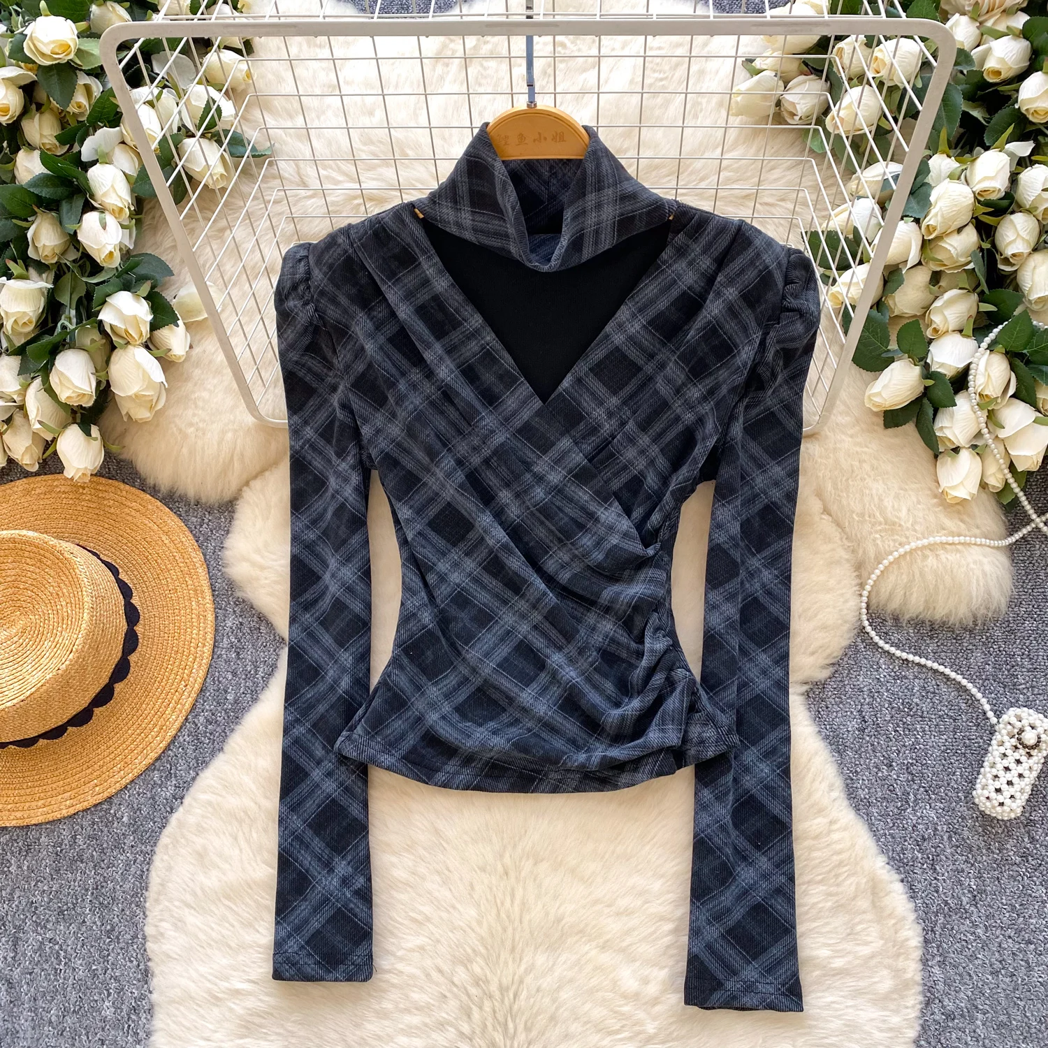 

Vintage basics long sleeve Criss-Cross V-neck Blouse Korean Fashion office lady Shirt women clothing