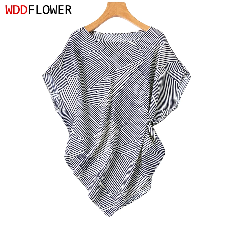 

93% Natural Silk 7% Spandex Loose Type Navy Stripes Print Short Sleeve Women Silk Shirt Casual Top Blouse Pullover Summer M1645