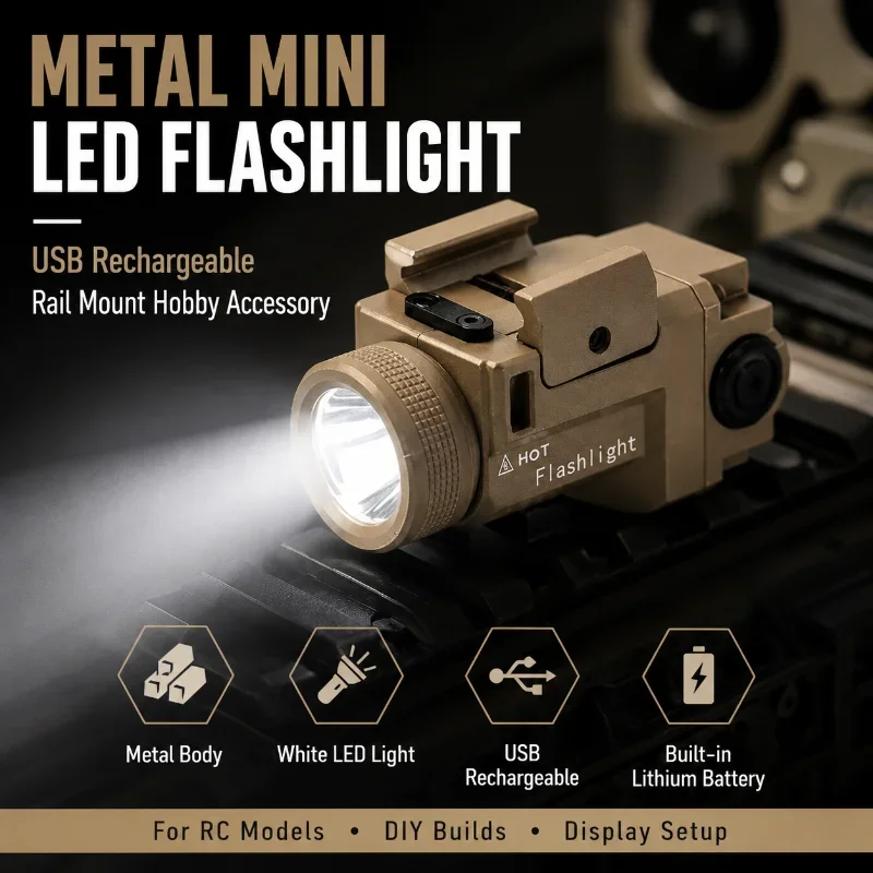Metal Mini Rail Mount LED Flashlight Built-in 500mAh Lithium Battery USB Rechargeable 4 Light Modes Hobby Model Accessory