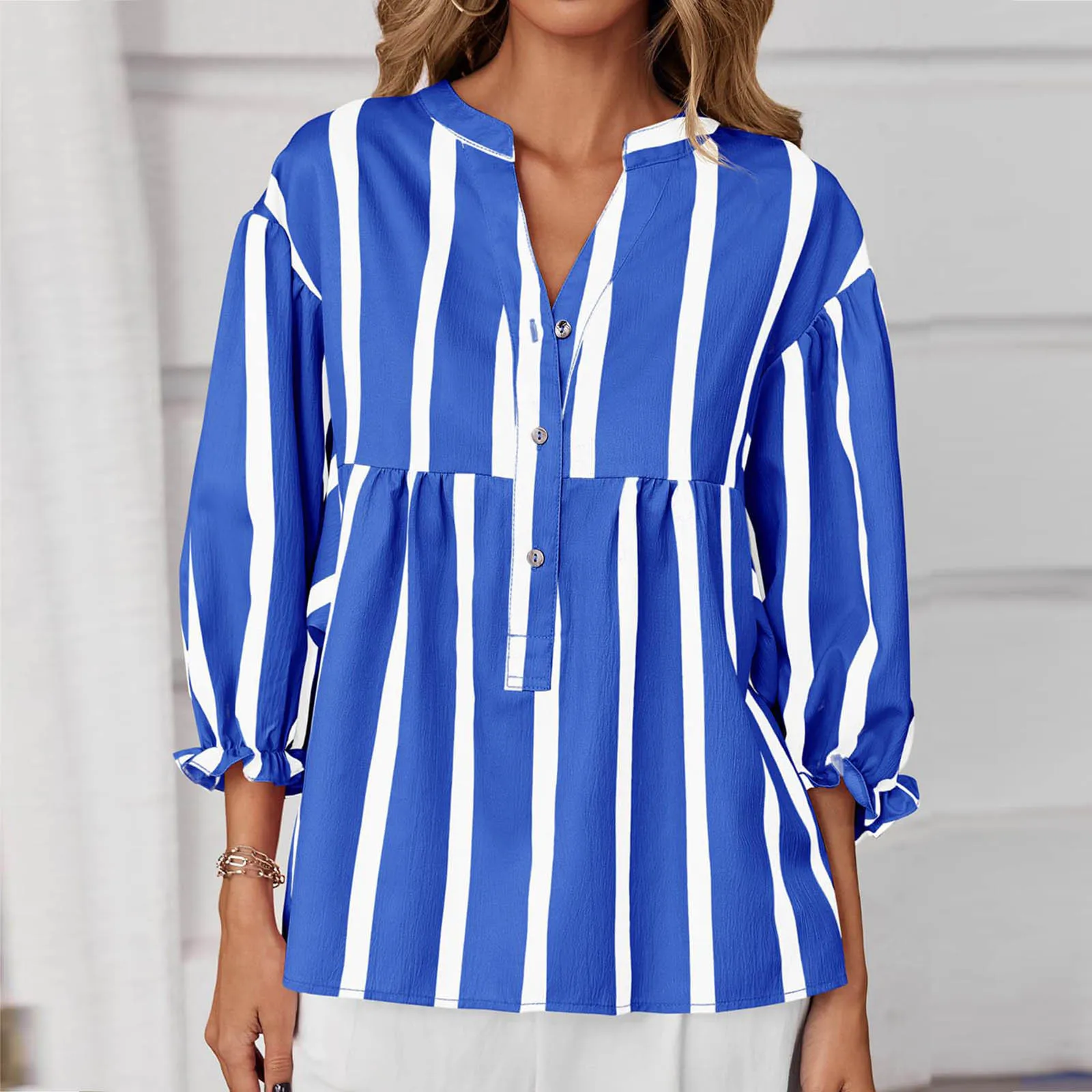 قميص مطبوع مخطط فضفاض، أزرار على شكل حرف V، أكمام سبعة أرباع مقسمة   قميص ربيع الخريف التنقل الملابس النسائية #5