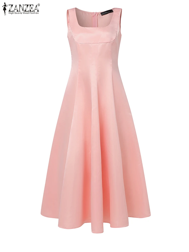 Stylowa damska długa sukienka seksowna sukienka bez rękawów ZANZEA elegancka kwadratowa szyja satynowa sukienka letnia szata Femme Clubbing Vestidos 2025