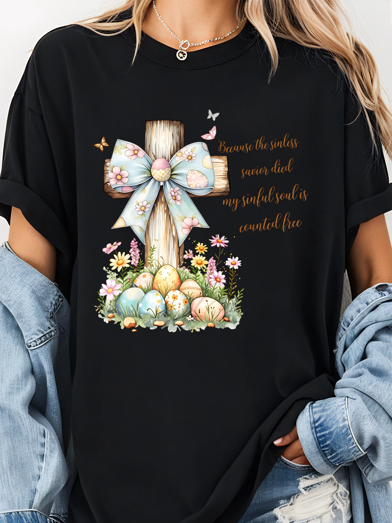 활과 달걀이 있는 부활절 십자가 꽃무늬 디자인 종교적인 부활절 셔츠 여성 봄 신앙 의상