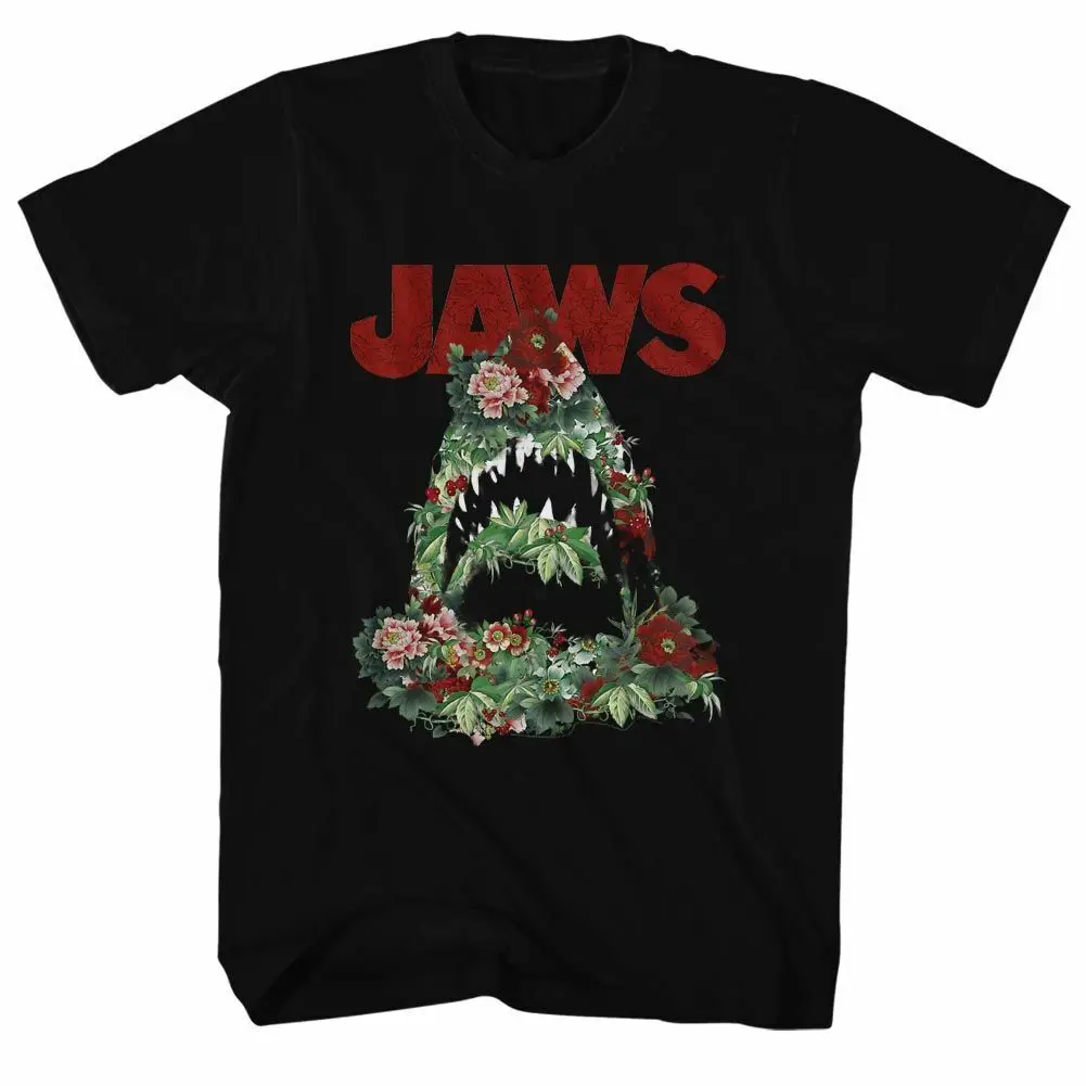 Jaws Floral Shark Black Adult T Shirt