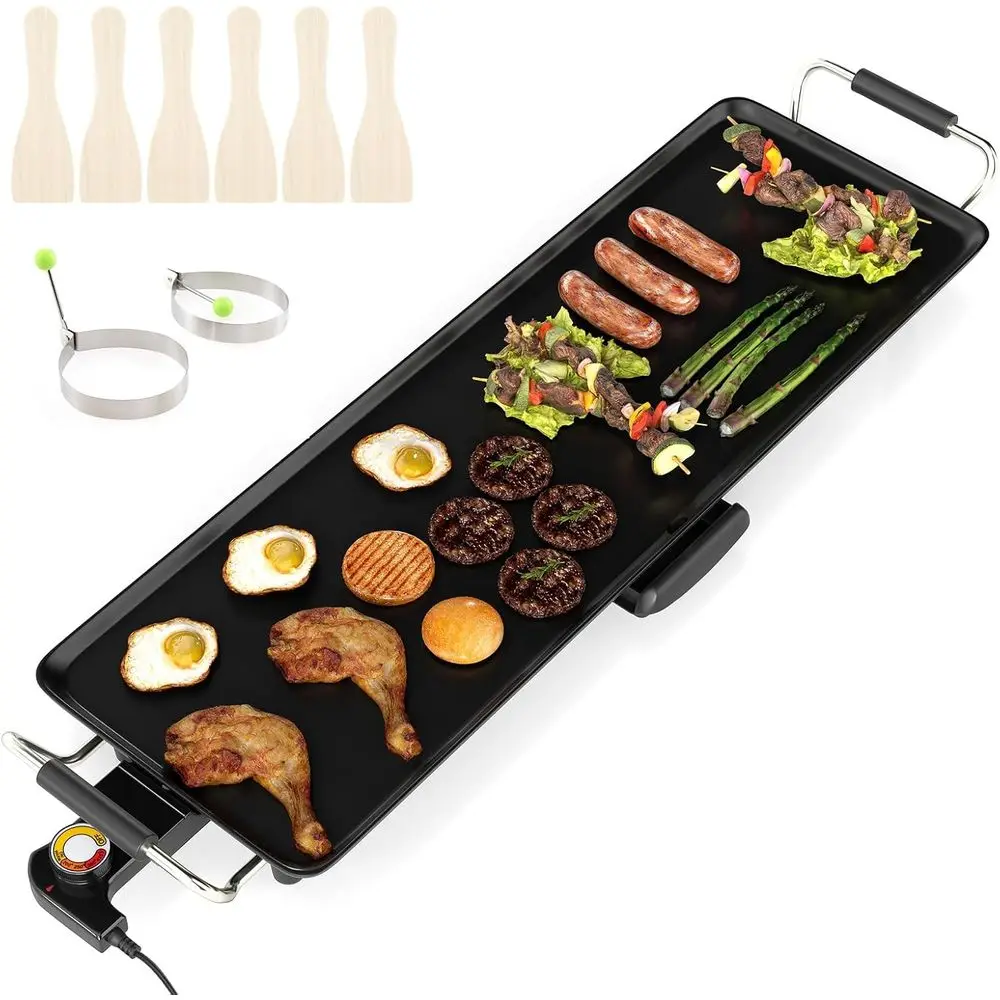 

27-Inch Nonstick Electric Griddle - Adjustable Temp BBQ Grill with Drip Tray for Teppanyaki & Outdoor Cooking