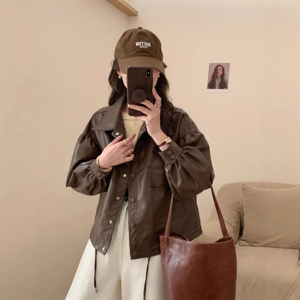 

Элегантное женское пальто из искусственной кожи коричневого цвета, черная куртка с рюшами, повседневная женская куртка, женское пальто из кожзаменителя, женская куртка