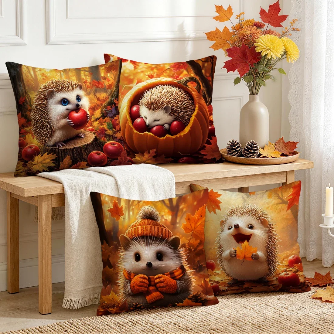 Autumn Little Hedgehog Pumpkin Cushions Pillowcase Polyester Cushion Cover Throw Pillow Pillowcover Home Car Sofa Decor