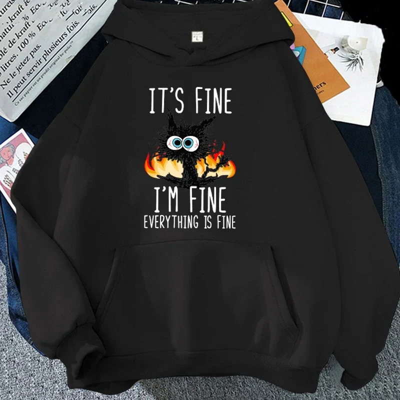 Hot Cat Its Fine Im Fine Everything Is Fine Printed Women Hoodies Loose Pullover Hooded Y2k Vintage Hooded Pullover Streetwear