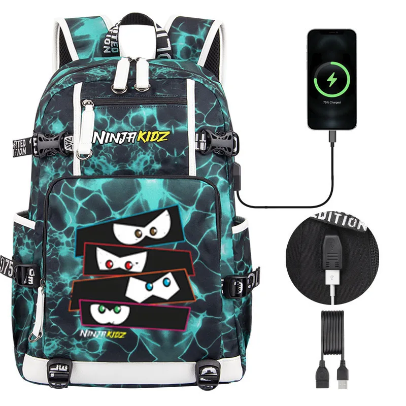 NinjaKidz Kids Backpack Boy Girl school bag Cartoon Ninja Kidz large capacity school backpack Fashion USB Laptop Bagpackag