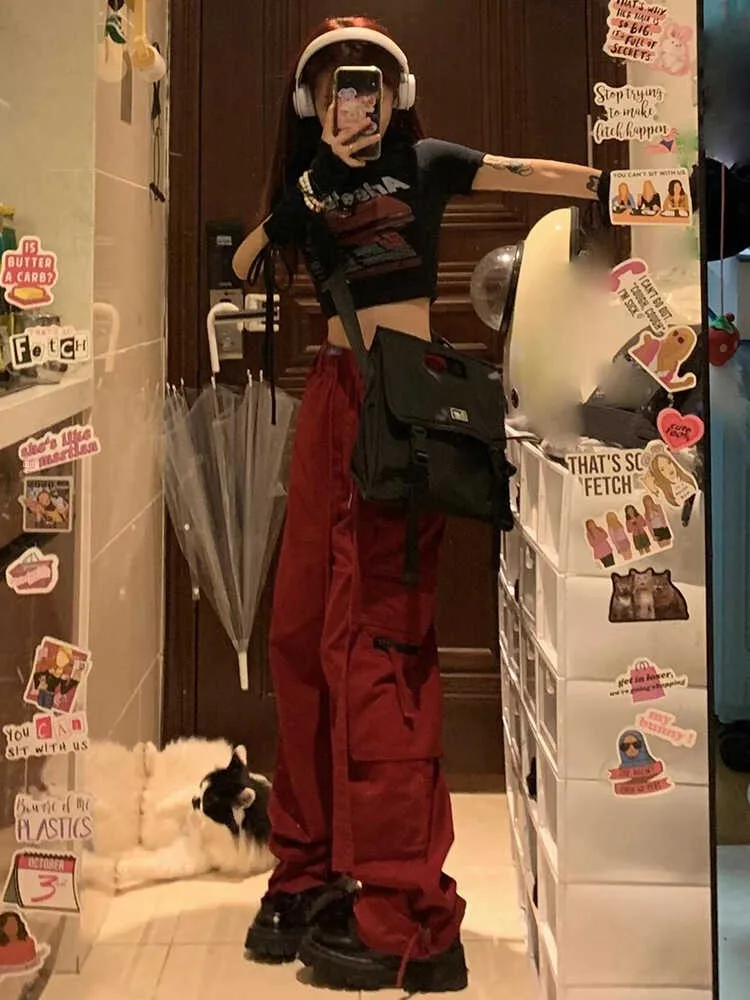 

Women's Summer Thin High Waist Loose Wide Leg Pants Qui Dry Casual Trousers Red American Design Workwear Pants Street Sle