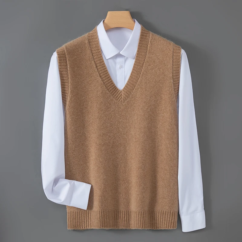 High End Australian Wool Men'sAutumn and Winter Thick Knitted Shoulder V-neck Warm Versatile Vest