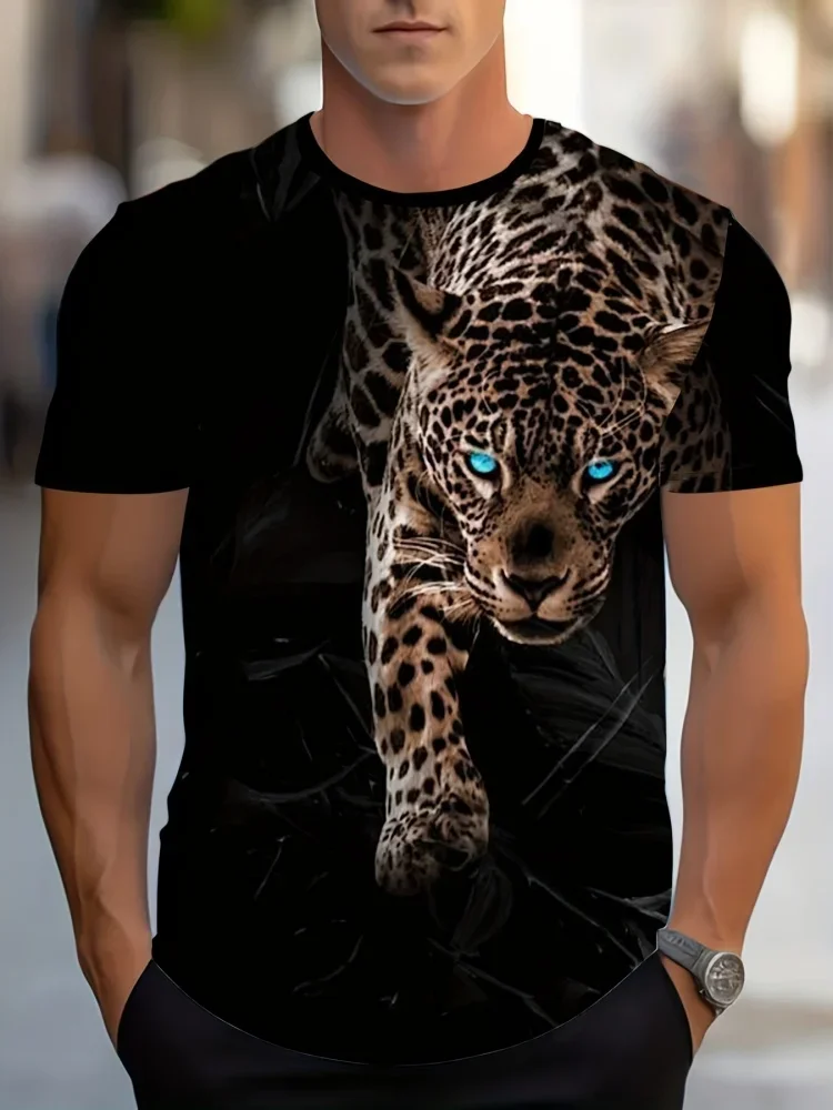 Fashion Realistic Eyed Stalking Jaguar Full Print Men T-shirt Wild Animal Streetwear Black Casual Crew Neck Tee Tops