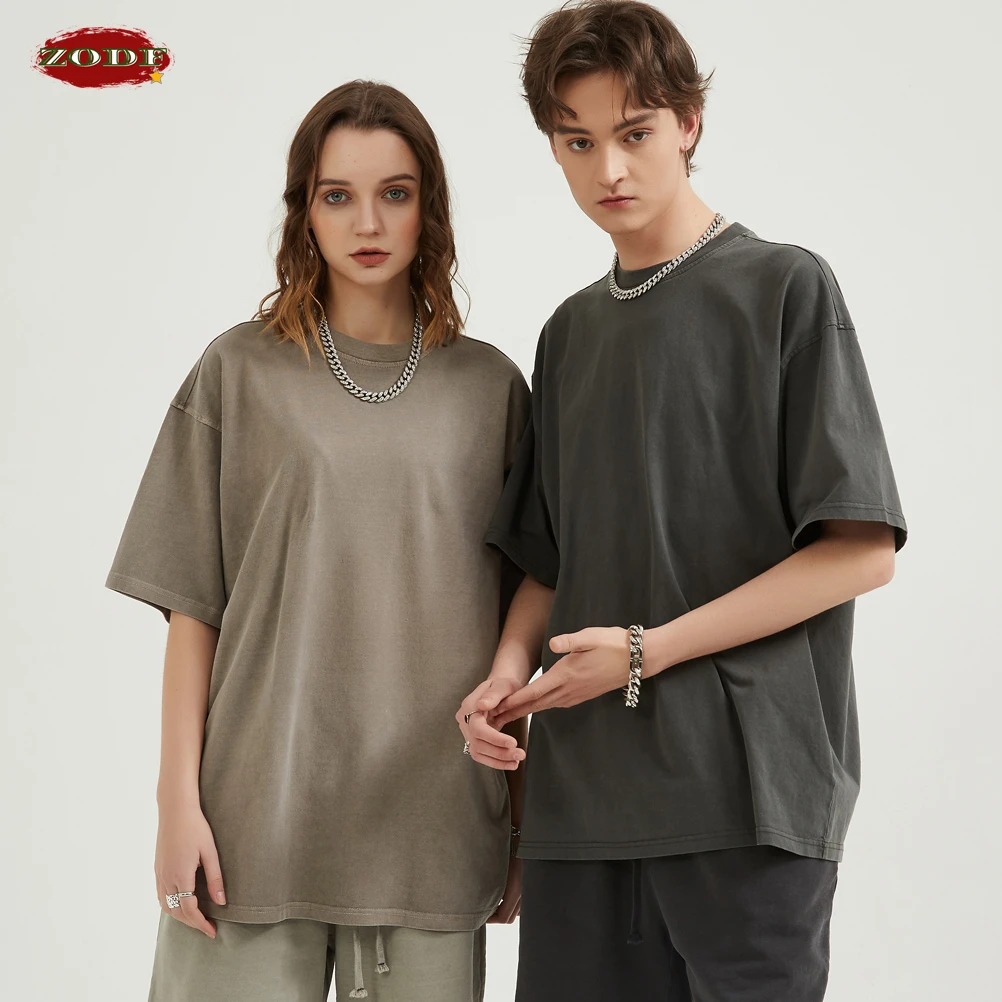 ZODF Men 2024 Retro Summer Washed Solid Cotton T-Shirts Unisex Retro Loose High Street 250gsm Basic Tees Streerwears HY0075