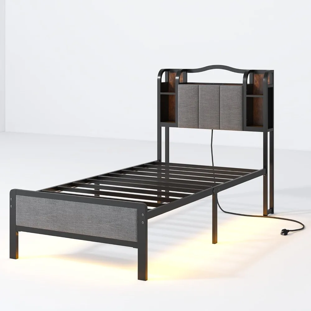 

Каркас двуспальной кровати с мягким изголовьем и изножьем, металлический каркас кровати со светодиодной подсветкой и зарядной станцией, без коробчатой пружины Ne