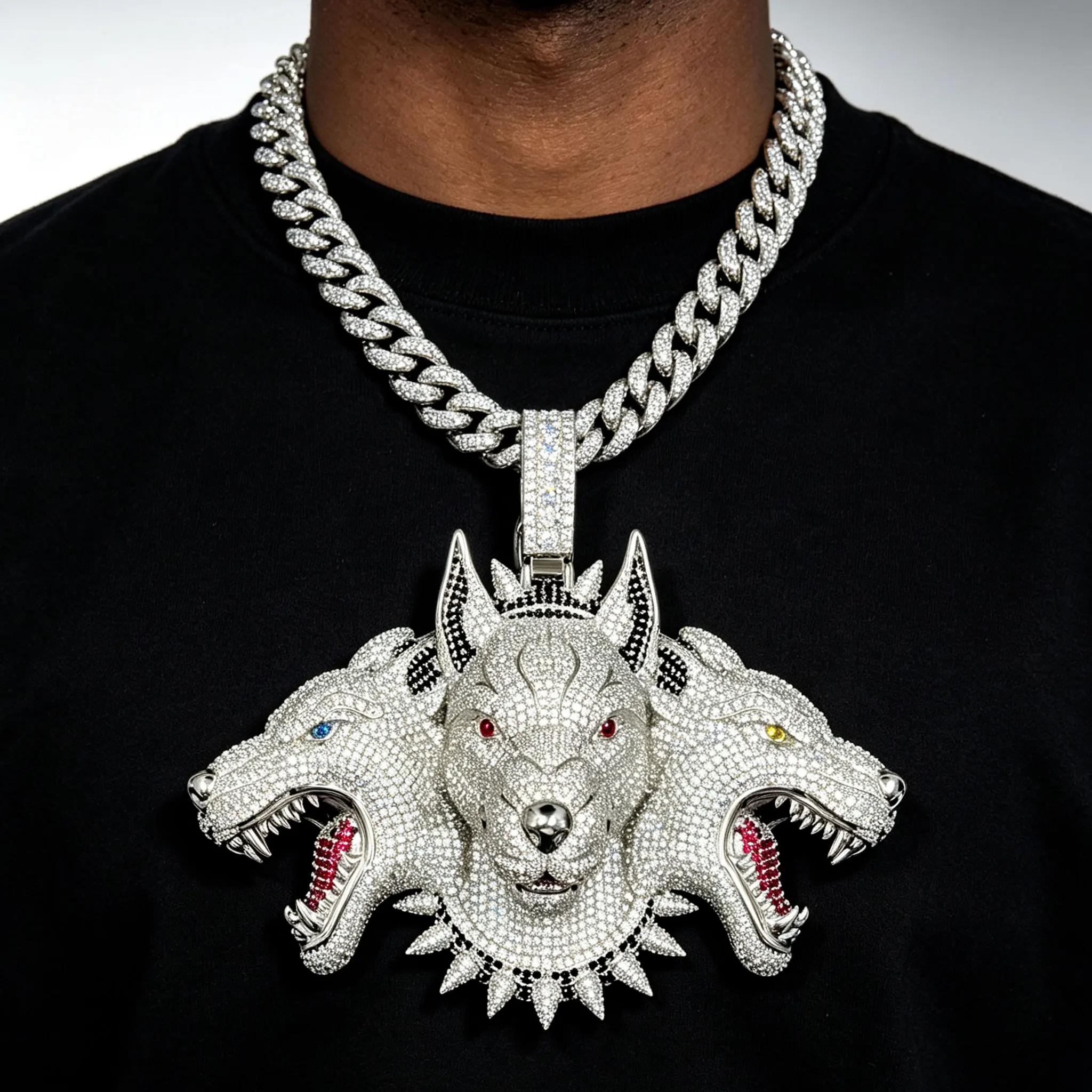 LYEE CYEE Luxury Hip-Hop Style Inlaid with colorful Diamonds, Three Headed Wolf Dog Animal Pendant Can Be Paired with Cuban Chain Rap Singer Street Party Decoration, Exquisite Jewelry, Valentine's Day/Commemorative Gifts, Birthday Gifts, Unique Jewelry