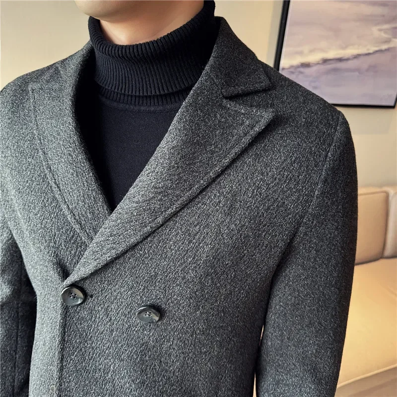 สไตล์อังกฤษฤดูใบไม้ร่วงฤดูหนาวหนา Double Breasted เสื้อขนสัตว์คุณภาพสูงผู้ชายธุรกิจสบายๆเสื้อสูทผู้ชายเสื้อผ้า