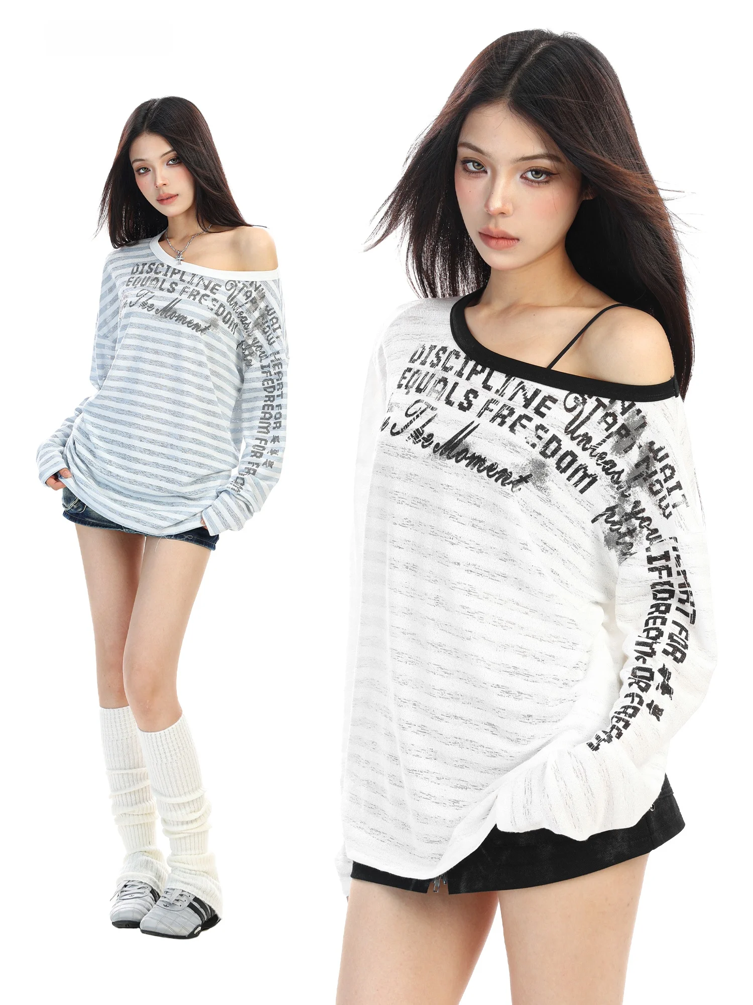 

Женская весенняя повседневная свободная футболка-накидка Laid-ba Color Blo Letter Long Sve с защитой от солнца, винтажный стиль, креативный дизайн