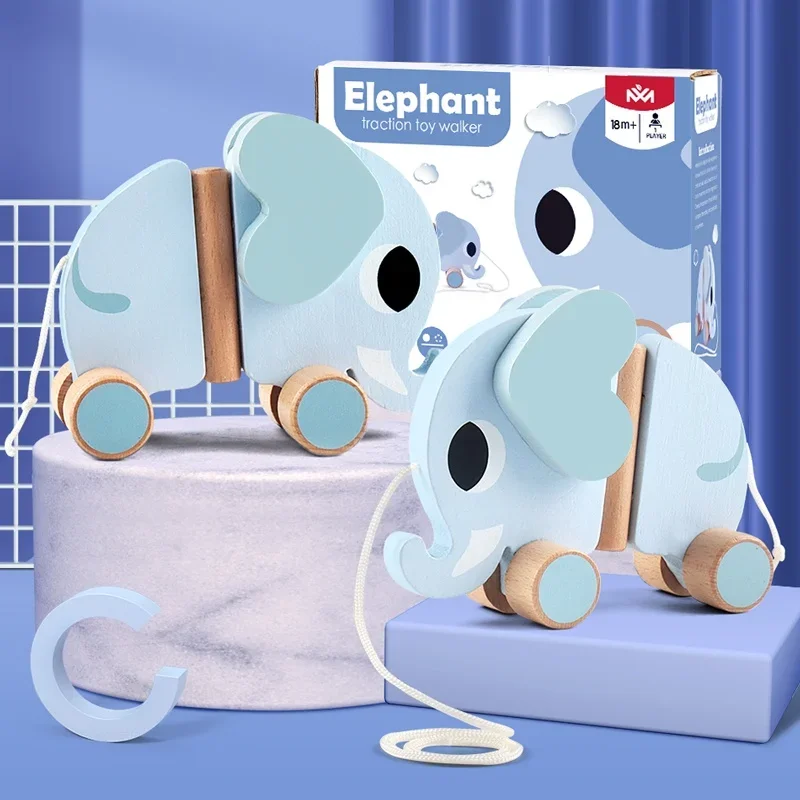 

Wooden children's elephant pulling rope cart towing toys children's gifts early education toys
