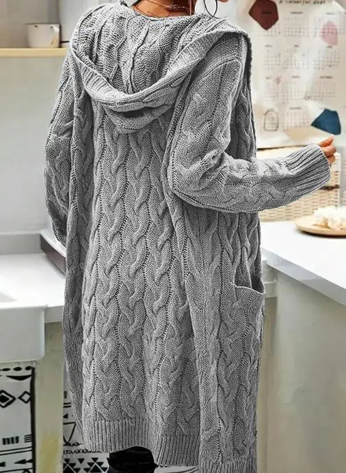 

Women's Cardigan Autumn & Winter Fried Dough Twists Sweater Solid Color Long Knitting Coat New Hooded Pocket Knitting Cardigan