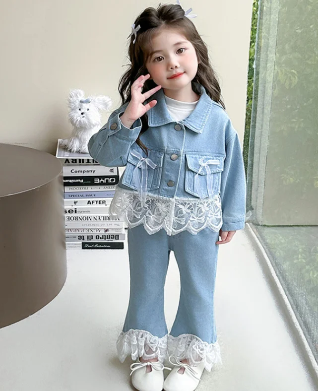 

Новые осенние модные джинсовые комплекты для маленьких девочек, пальто + брюки, повседневные костюмы принцессы, От 2 до 7 лет