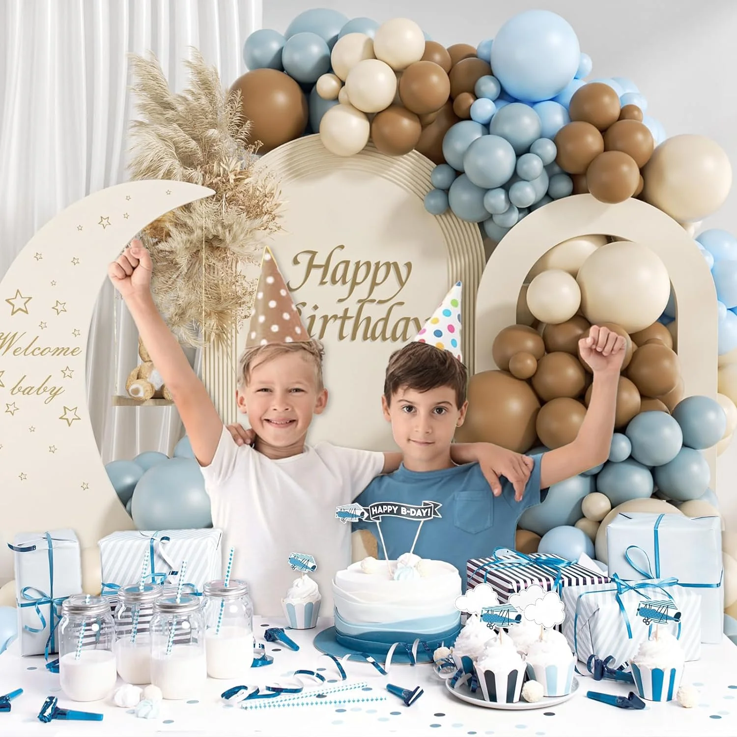 117pcs Sand White Dusty Blue Balloon Garland Blue Brown Balloon Arch for Birthday Baby Shower Boy Gender Reveal Party Decoration