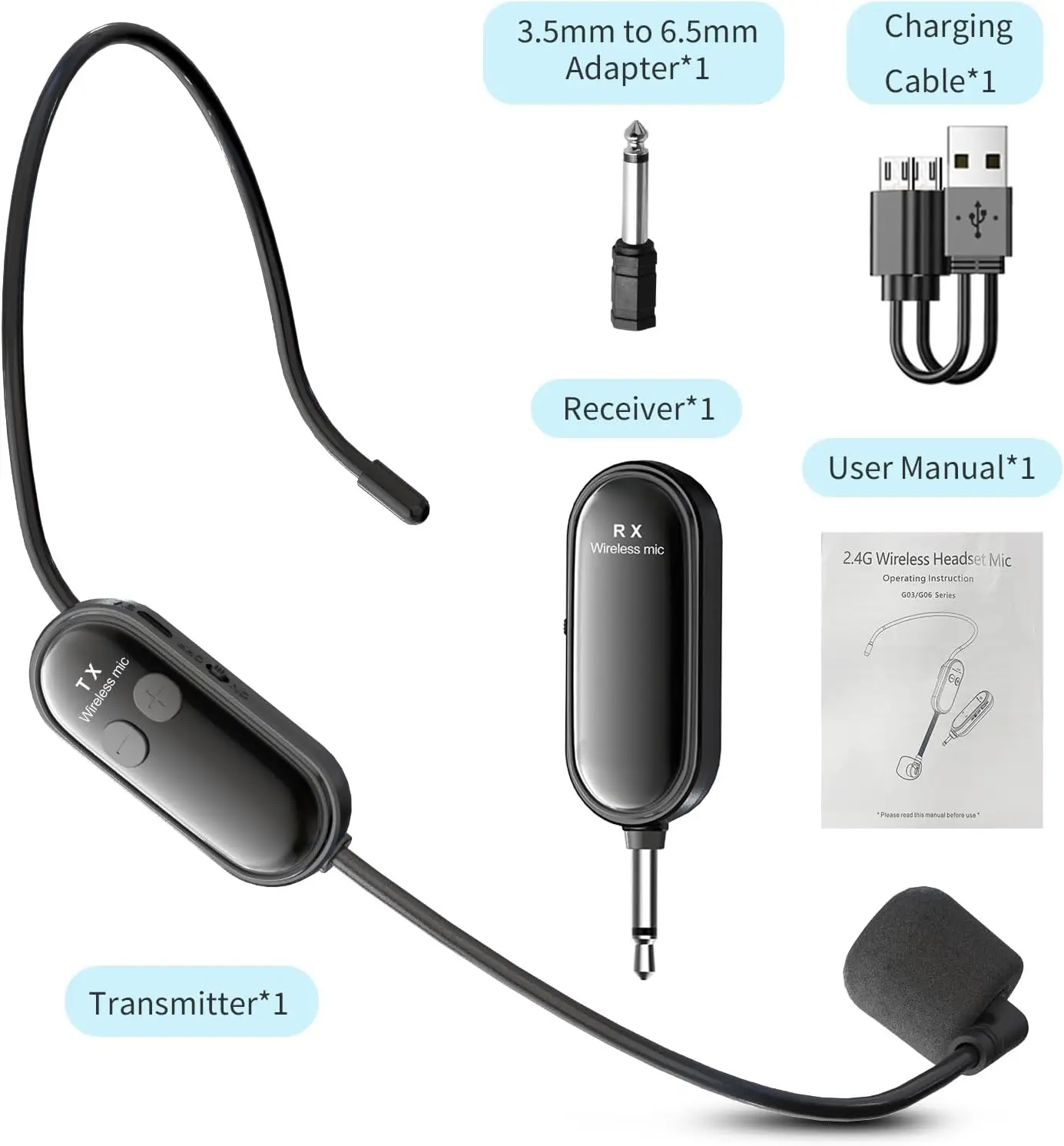 XIAOKOA 2.4G Headset Wireless Microphone Kit Receiver and Transmitter for Tourist Guides Lecturers Large Conference Activities