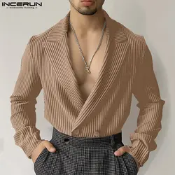 INCERUN Men Blazer Striped Solid Color Lapel Long Sleeve Button Casual Male Suits Streetwear Autumn 2024 Fashion Men Thin Coats