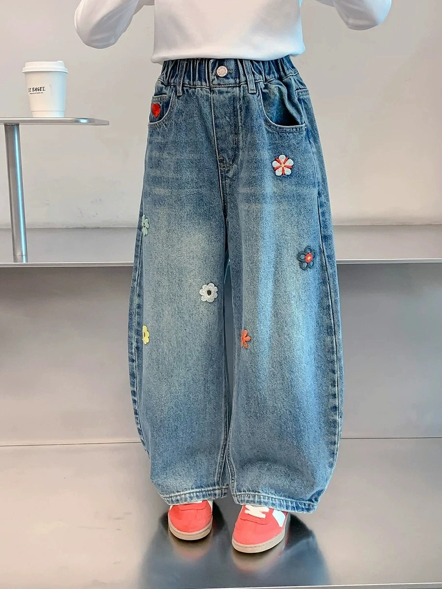 5-16 Years Teenagers Spring Girls Jeans Flower Children Trousers Autumn Girls Denim Wide Leg Pants Birthday Gifts Kids Clothes