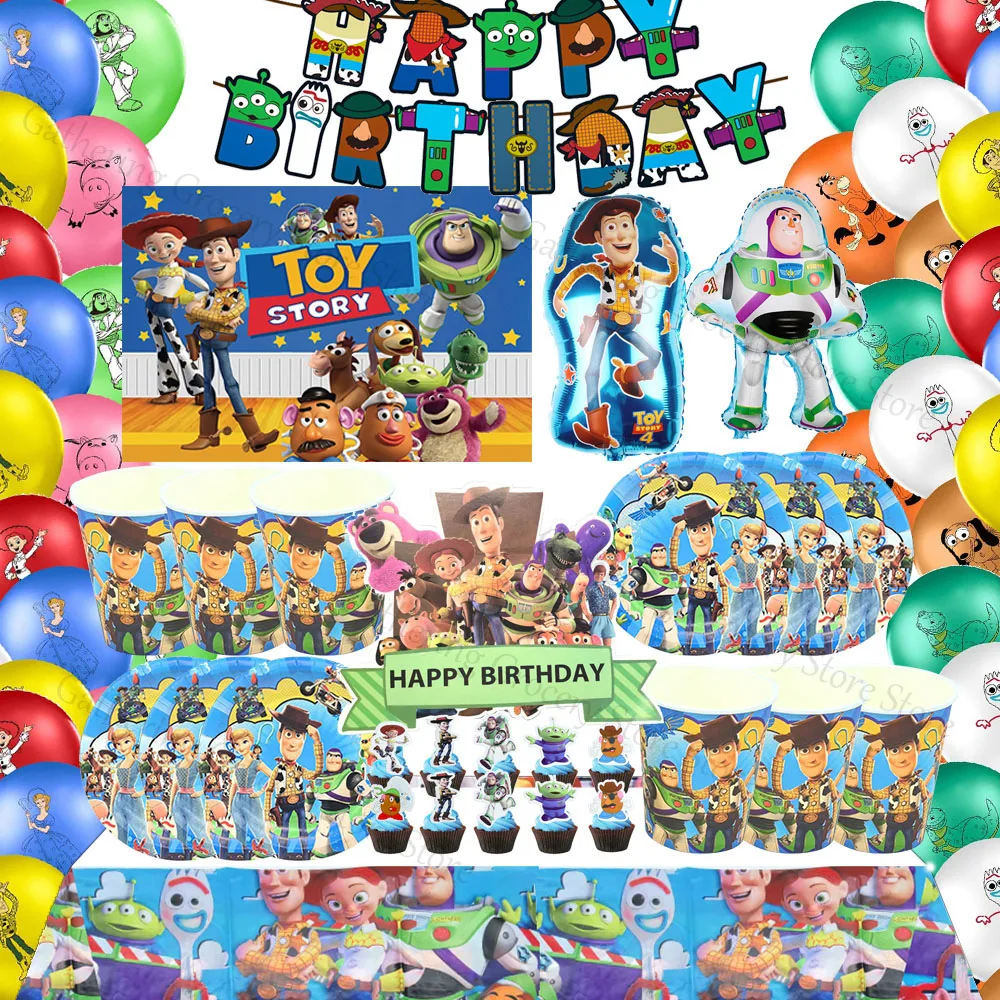 

Toy Story Children Birthday Party Supplies Family Event Gifts DIY Party Decoration Paper Plates Cups Flag Inflate Helium Globos