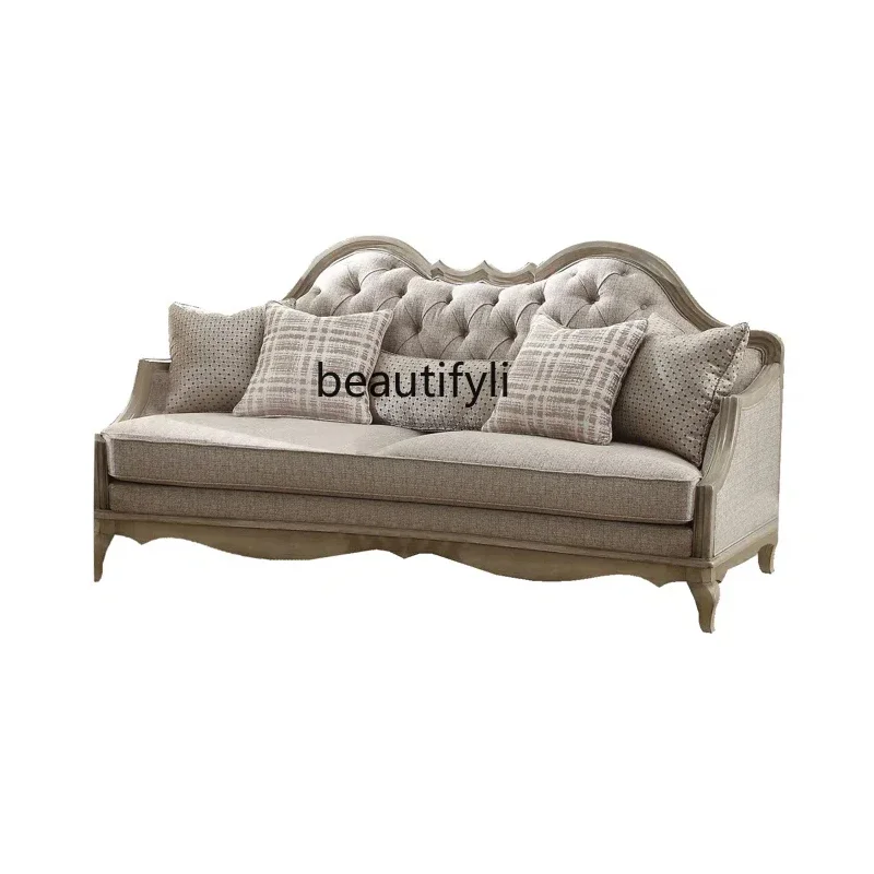 

YH13 American Retro Solid Wood Sofa Single Three-Seat Sofa French Entry Lux Distressed Style Small Apartment Living Room Sofa