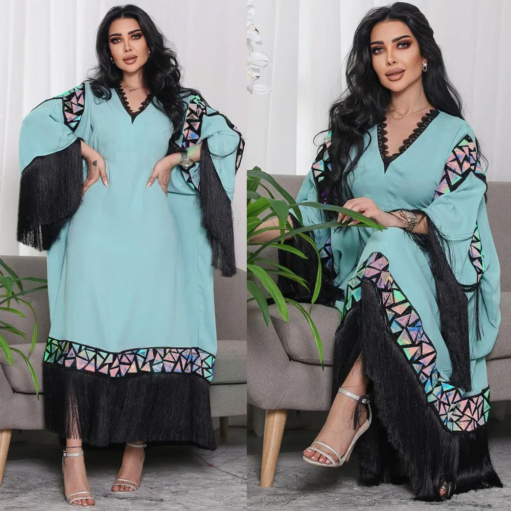 

Women Dress Spring Splicing Tassel V-Neck Caftan Muslim Lady Robe Party Ramadan Femme Long Dress Abayas Casual Islamic Clothing