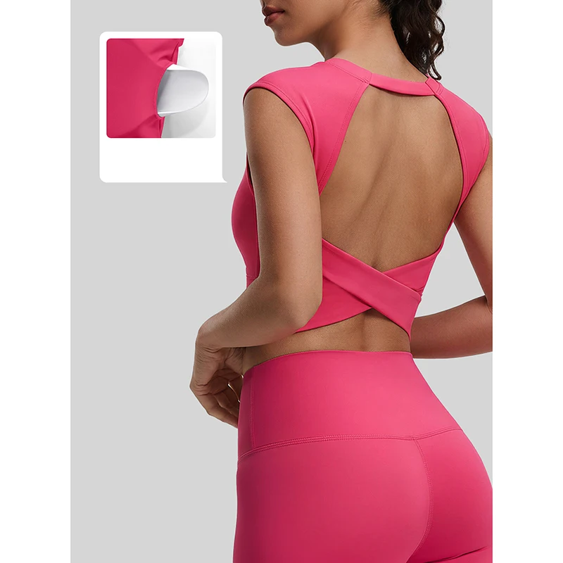 New Round Neck T-Shirt Chest Pad Yoga Vest Women Sexy Back Fitness Bra Training Running Sports Underwear Moisture Wicking