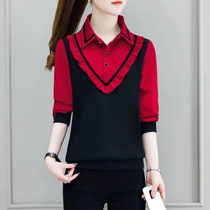 Spring Autumn Commuter Women\'s Polo-Neck Fake Two Pieces Shirt Office Lady Fashion Elegant Ruffles Spliced Long Sleeve Blouse