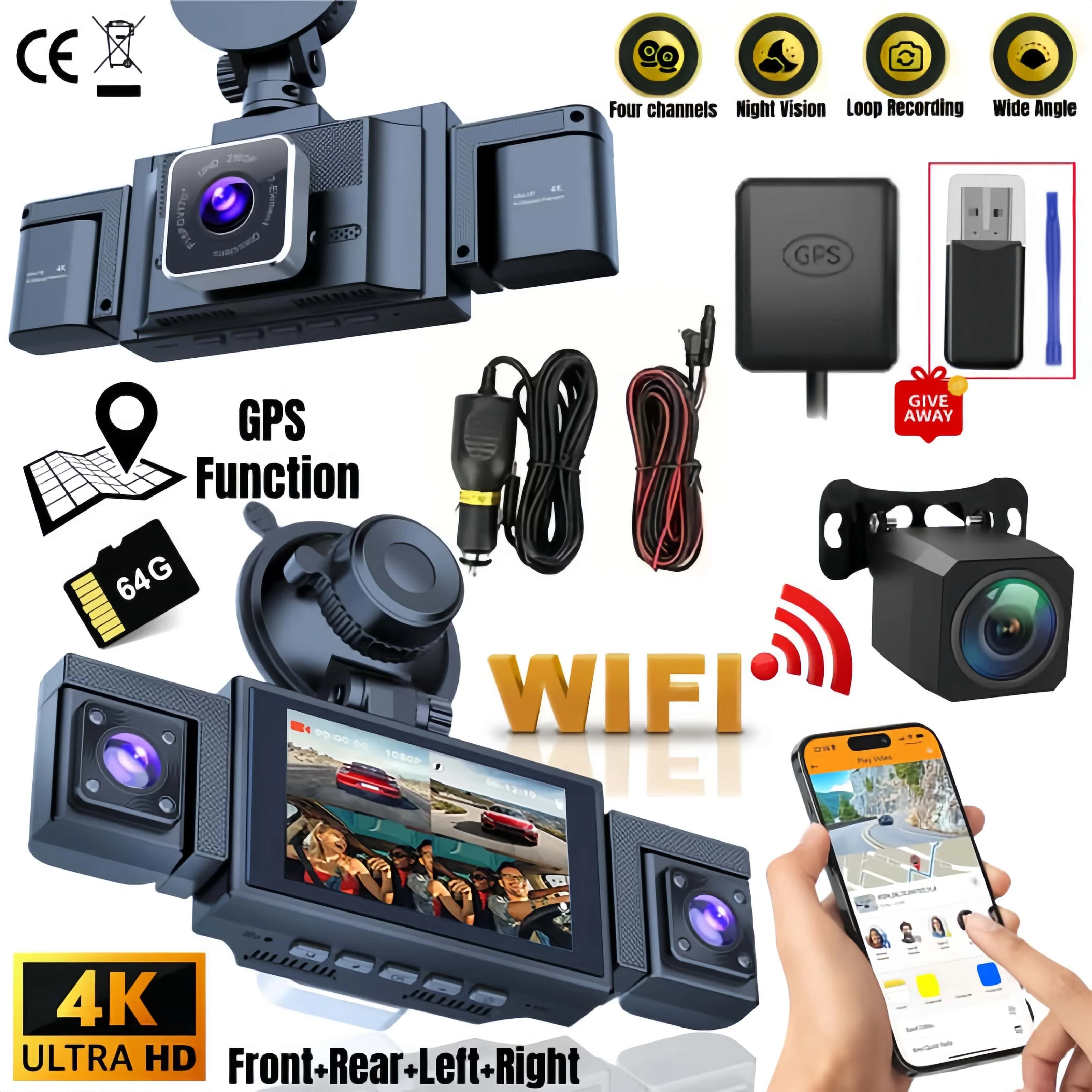 

4K Dash Cam Mirror w/ Built-in WiFi & GPS. 4-Channel Recording, Super Night Vision, Free 64GB Card. The Ultimate Christmas Gift