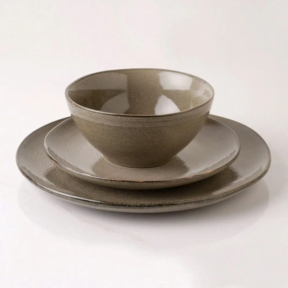 

12Piece Plates And Bowls Sets, Reactive Glaze Stoneware Dishes Set For 4,Olive Green