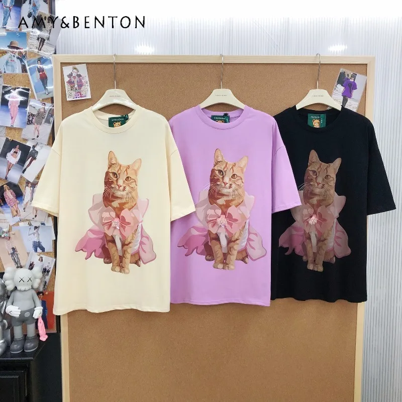 

2026 Summer New Fashion Loose Multi-color Pure Cotton 3D Beaded Flower Cat Print New Short Sleeved T-shirt For Women's Y2k Tees